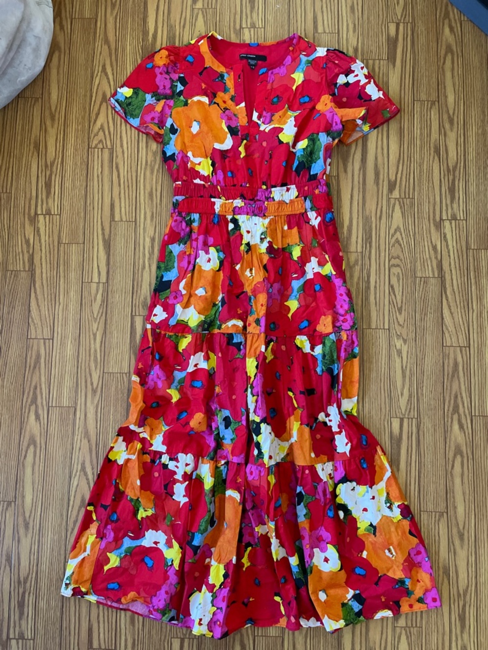 Maggy London cotton floral maxi garden party short sleeve tiered dress size M